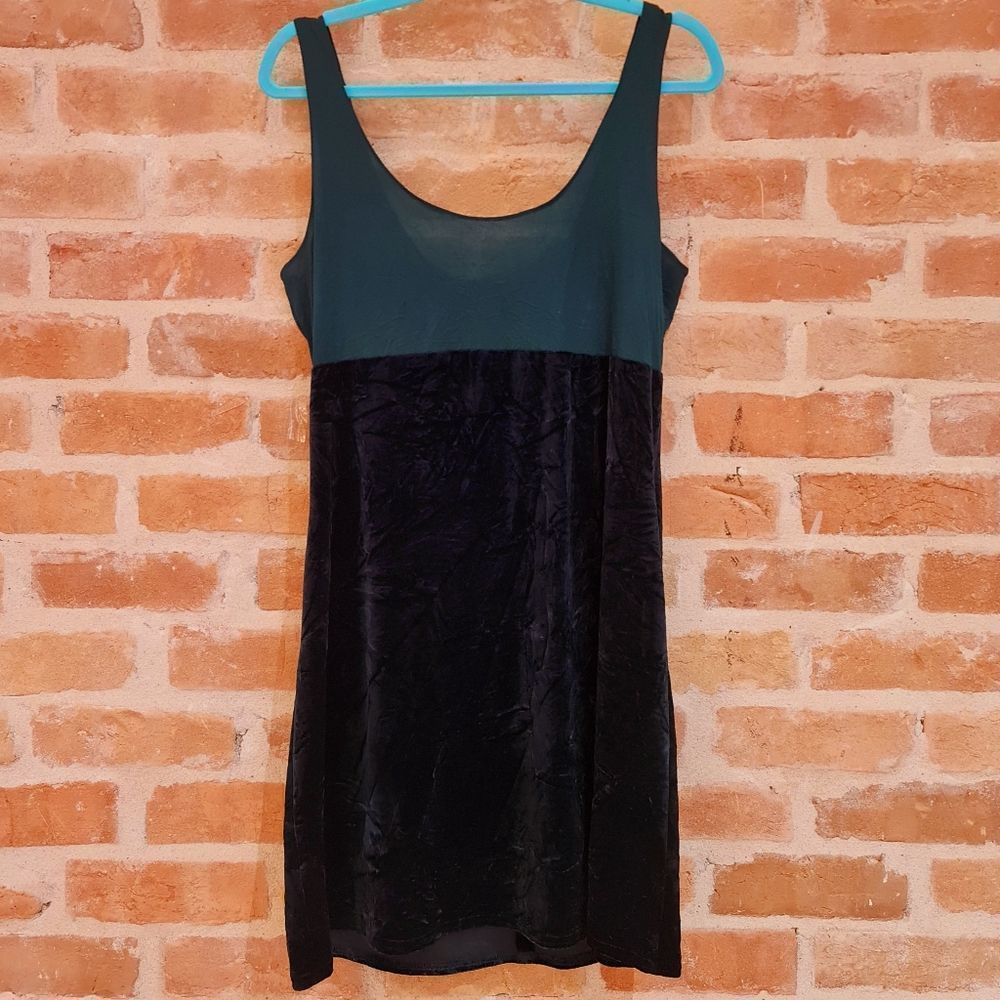 Authentic Vintage Emerald Dress  90s Y2K Crushed Velvet / Cotton Tank Mini Midi